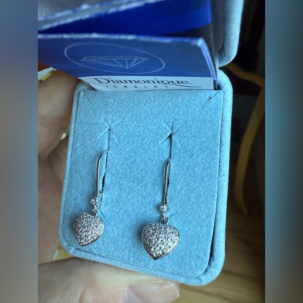 Vintage Epiphany Diamonique Heart Drop Earrings platinum Clad, Stirling silver